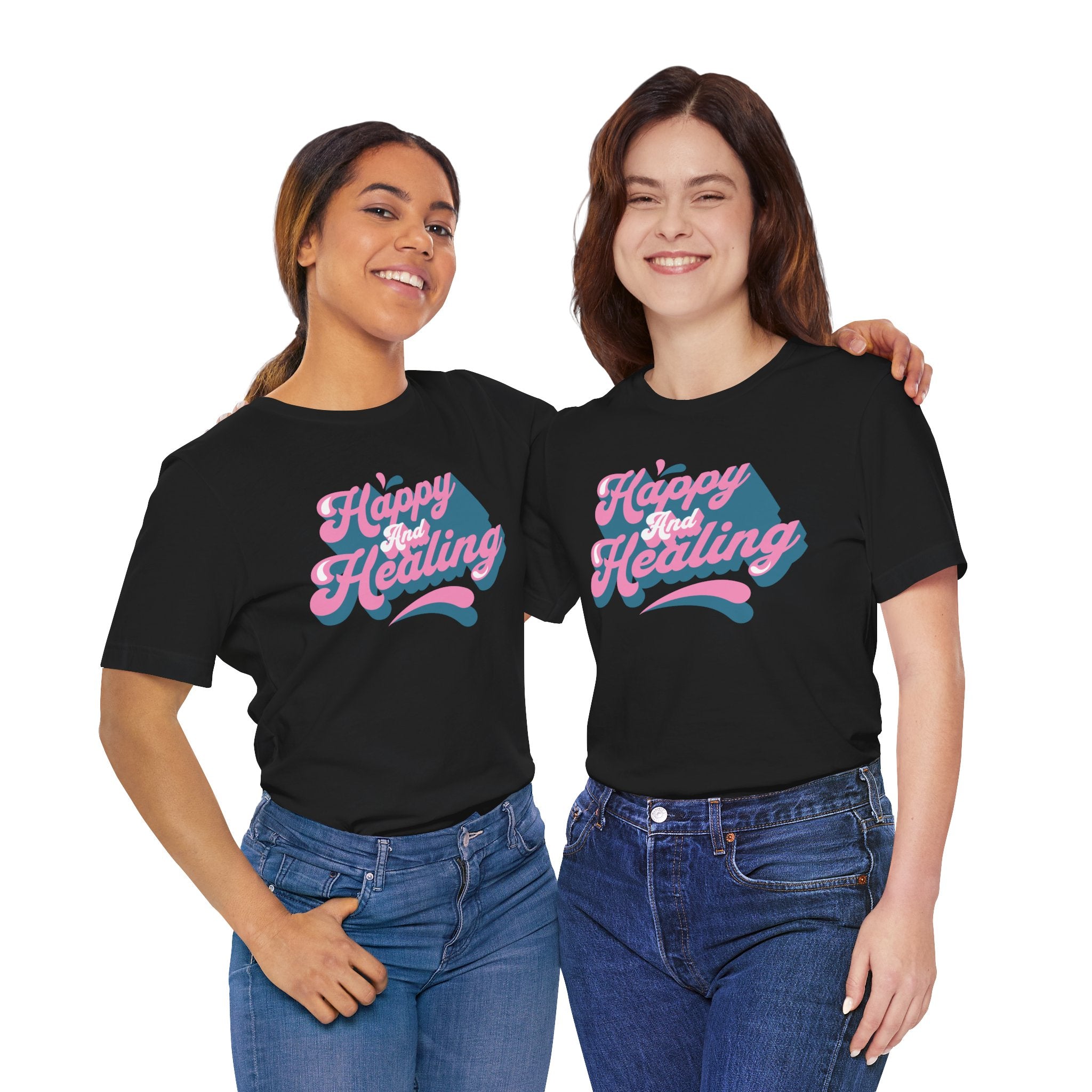 Happy and Healing T-Shirt — Retro Pink & Blue Positive Vibes Tee