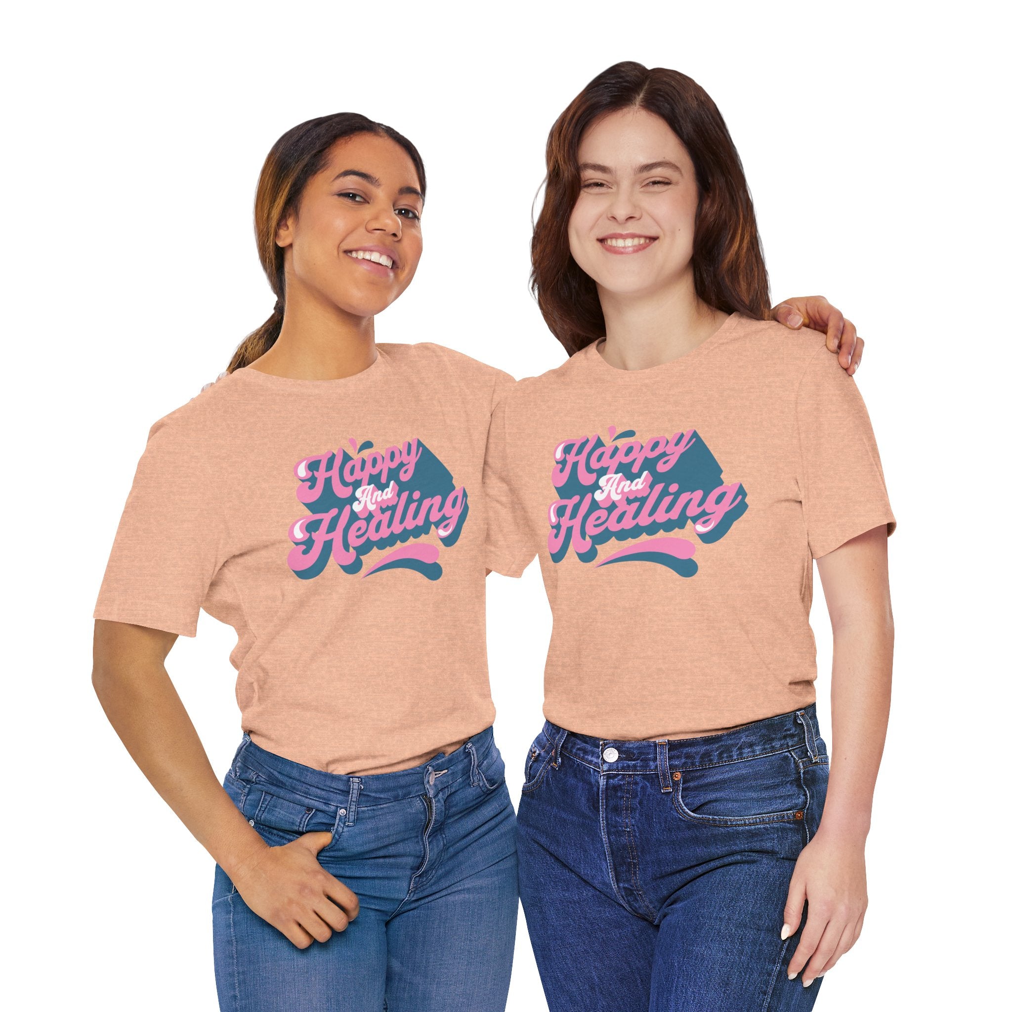 Happy and Healing T-Shirt — Retro Pink & Blue Positive Vibes Tee