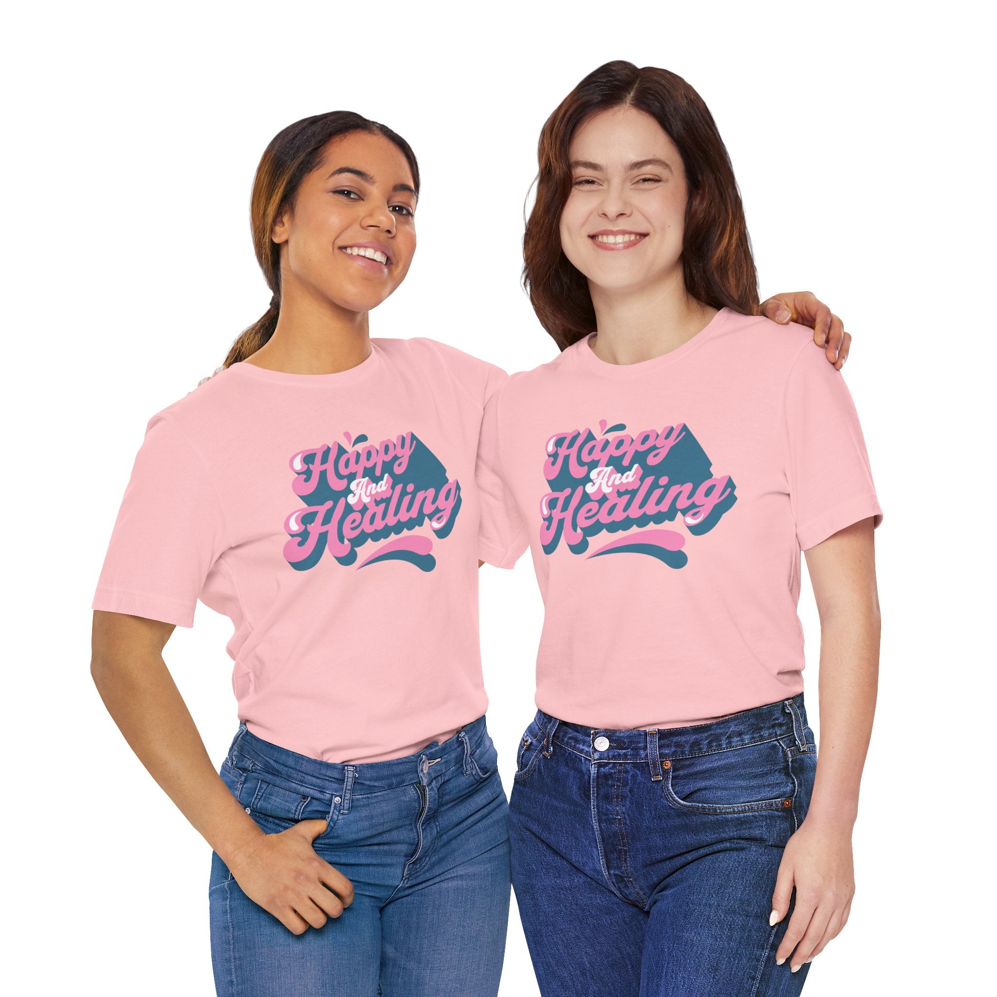 Happy and Healing T-Shirt — Retro Pink & Blue Positive Vibes Tee