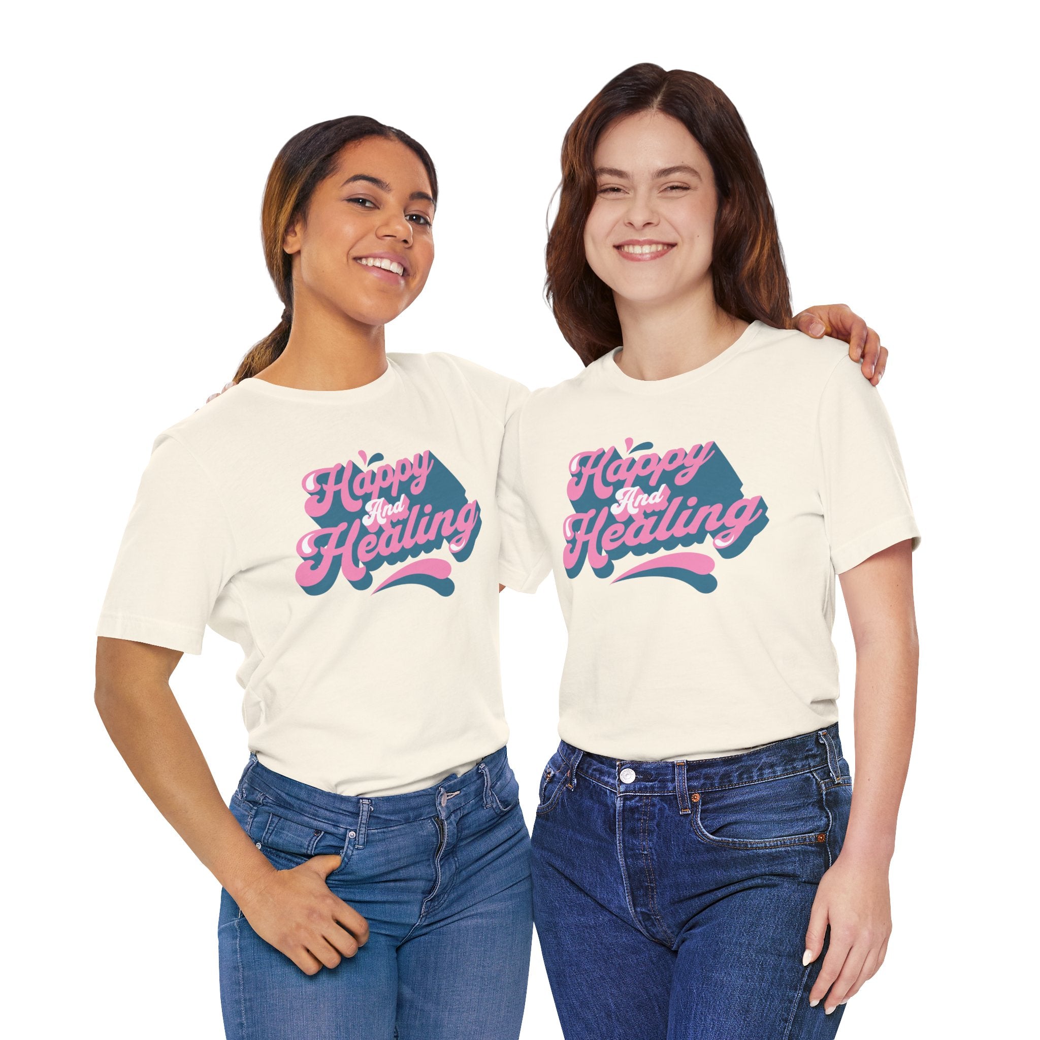 Happy and Healing T-Shirt — Retro Pink & Blue Positive Vibes Tee