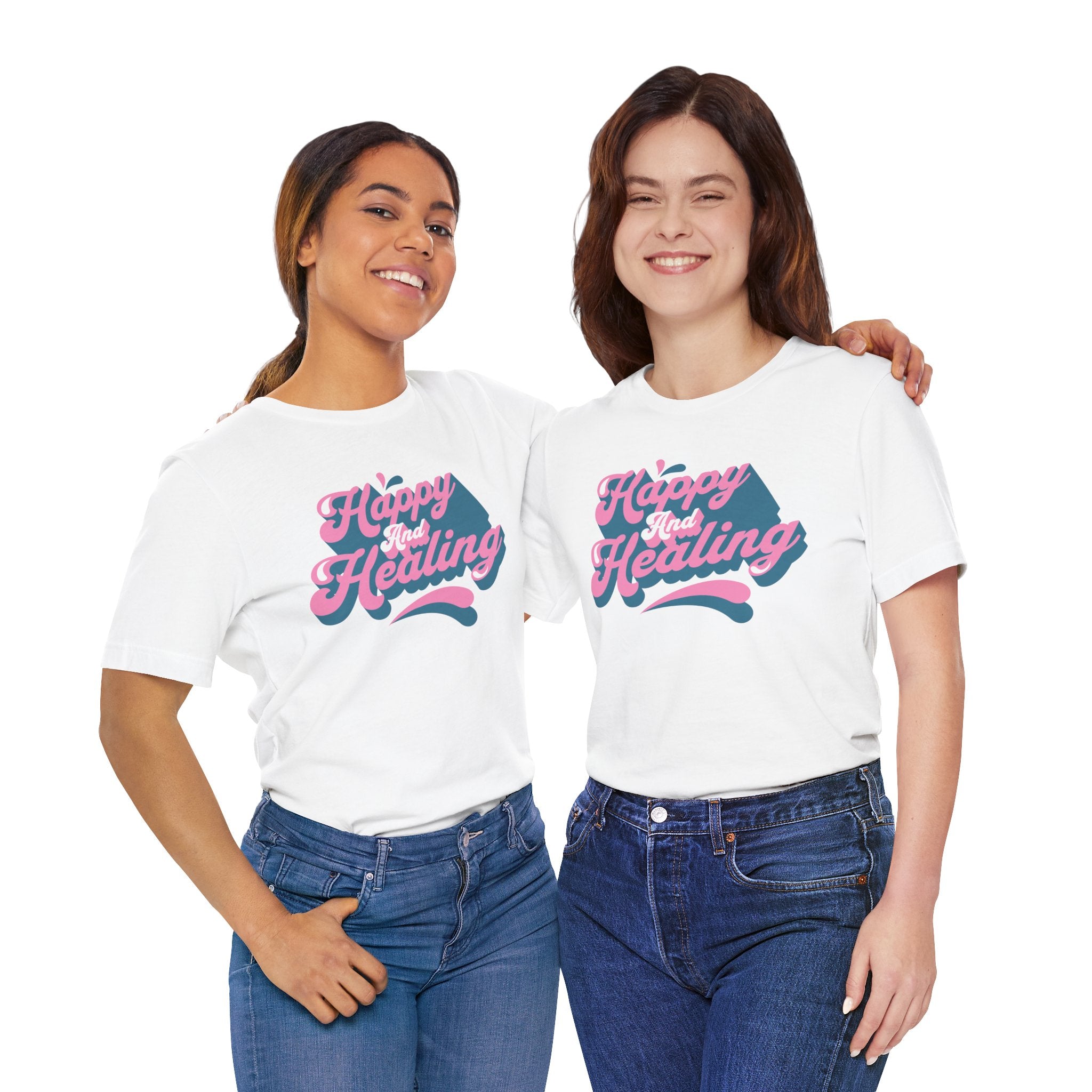 Happy and Healing T-Shirt — Retro Pink & Blue Positive Vibes Tee