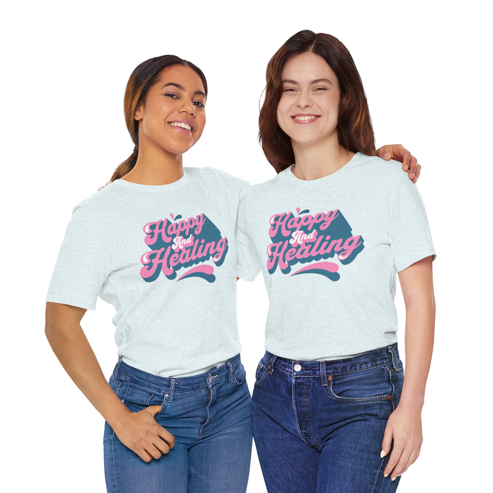 Happy and Healing T-Shirt — Retro Pink & Blue Positive Vibes Tee